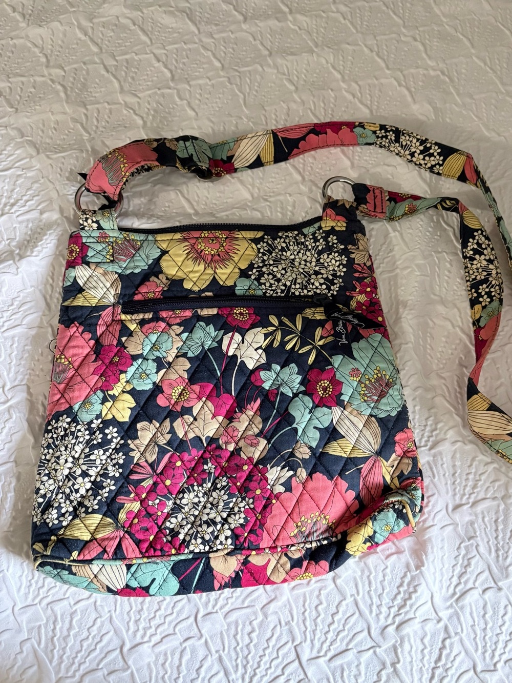 Vera Bradley Floral Crossbody Bag Navy with Pink Teal Happy Snails hipster